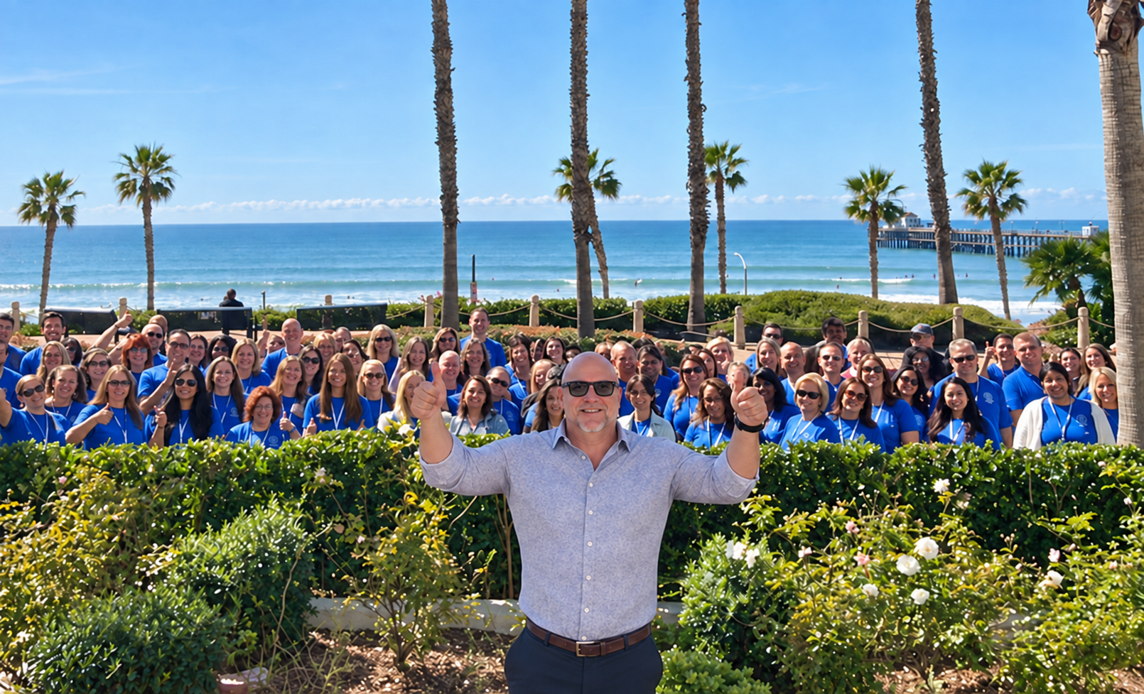 Jimmy Standaert smiling with attendees at a private equity client users group by the ocean